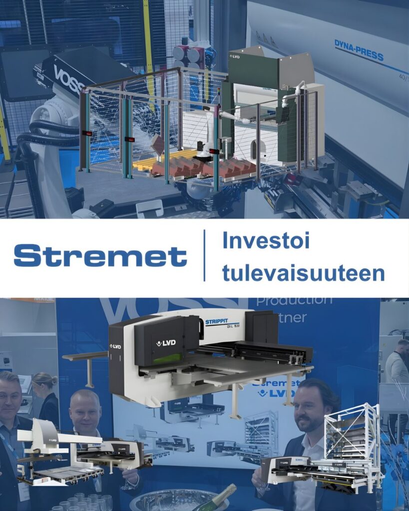 Mainosgrafiikassa on teollisuuskoneita ja 3D-malleja sekä teksti Stremet investoi tulevaisuuteen, joka on päällekkäin messujen ja laitteiden kuvien kanssa.